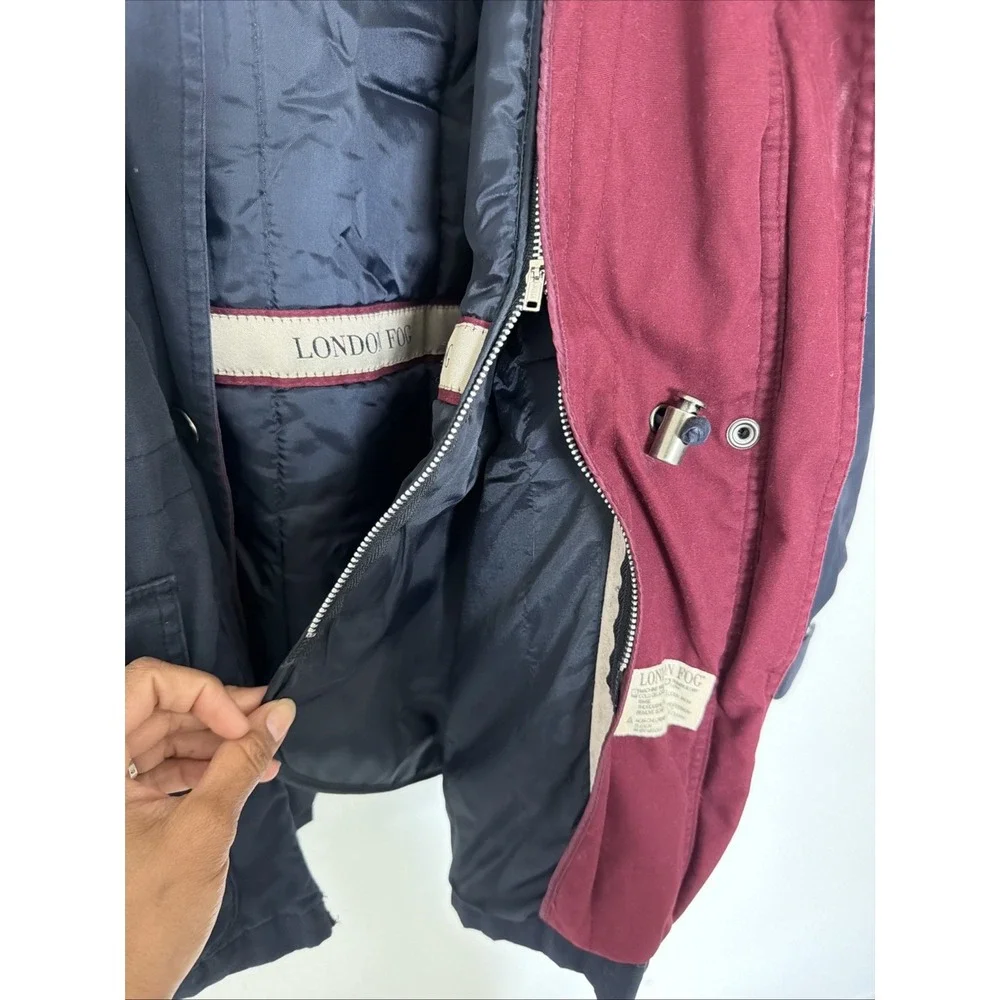 London Fog Men Navy Red Lined Parka Jacket Full Zip Pockets Mid-Length Sz Large